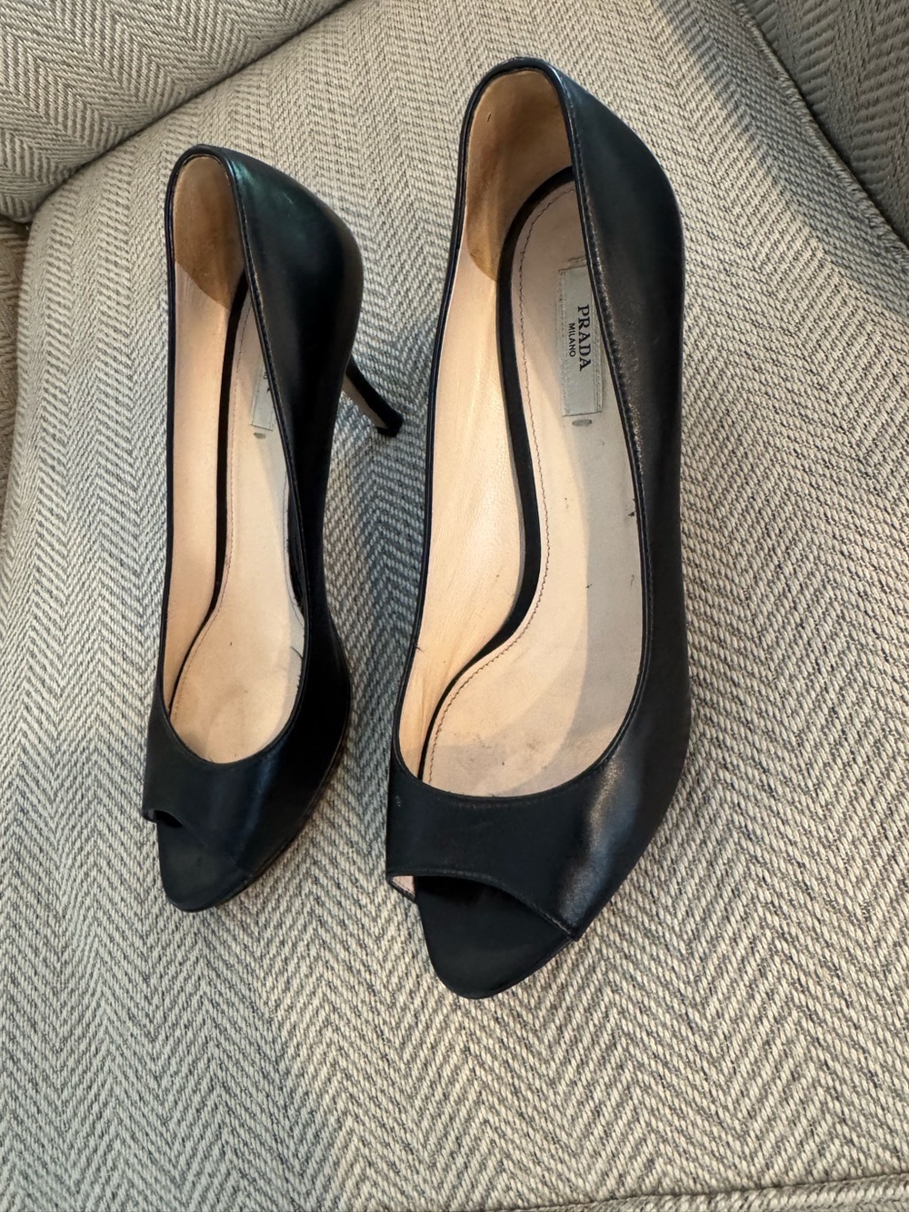 Prada Black Leather Peep-Toe Stiletto Pumps